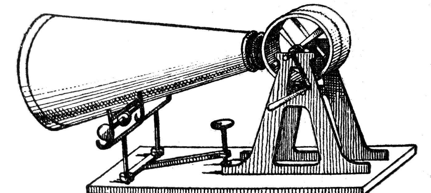 Dictionary engraving of the phonautograph: a horn on a stand beside a cylinder and crank
