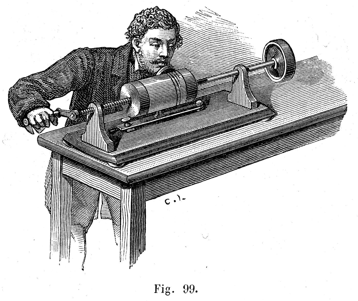 Engraving of a man speaking into an early phonograph while turning its crank